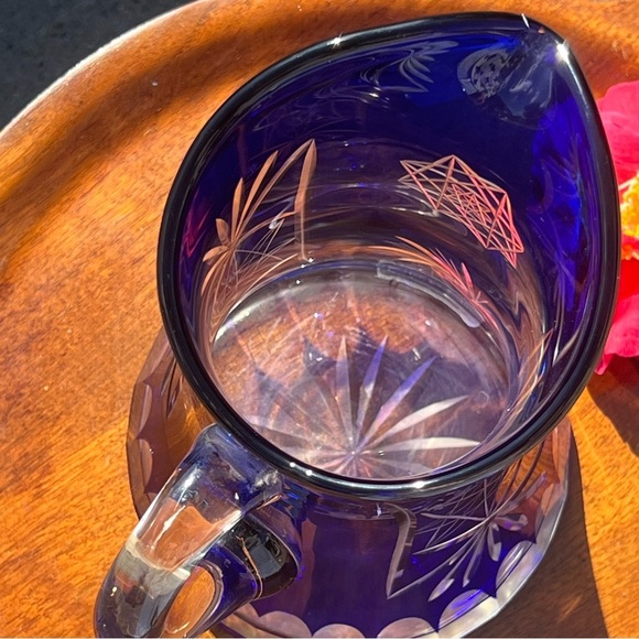 VINTAGE Czech Republic cobalt blue bohemian lead crystal cut to clear pitcher - Picture 8 of 8